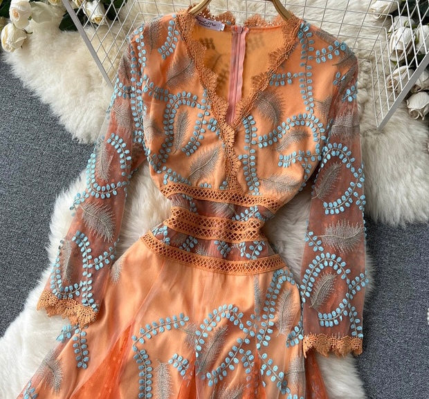 3D embroidery meshed lace maxi dress
