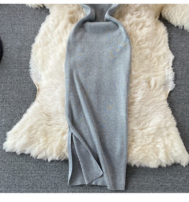 Short sleeve square neck knit slit dress