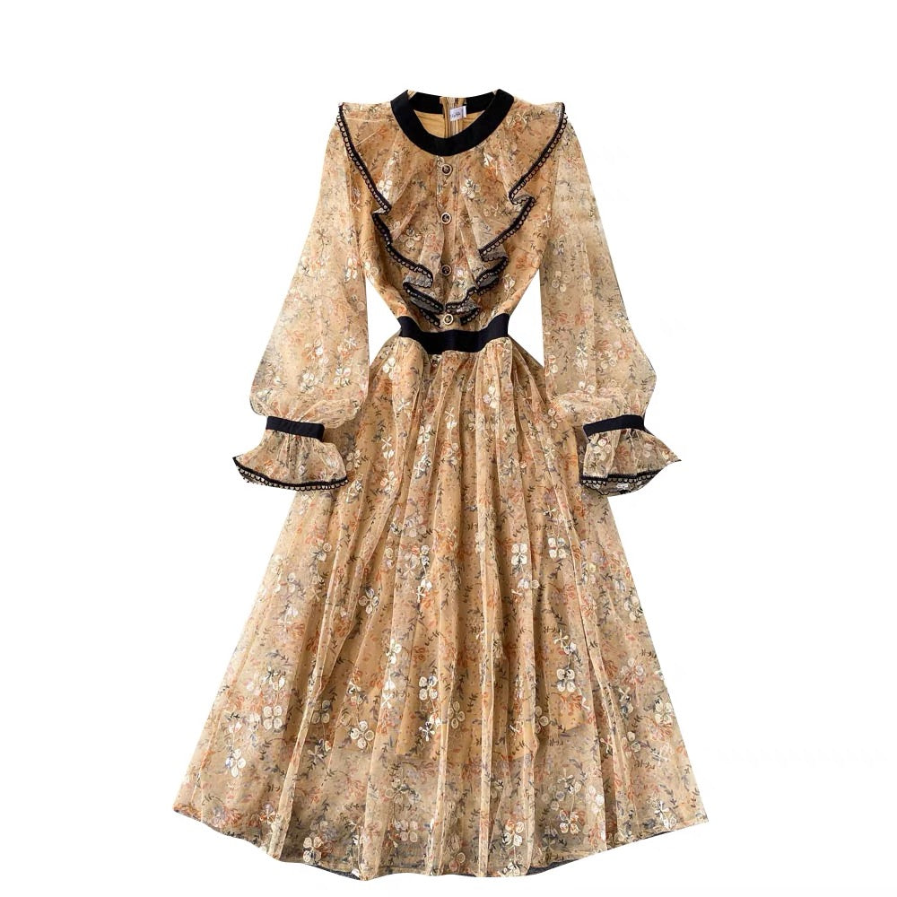 Flounce cuff sleeve ruffle front with floral embroidery lace dress