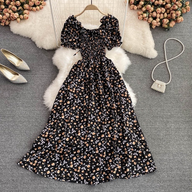 Off shoulder shirred bodice floral maxi dress