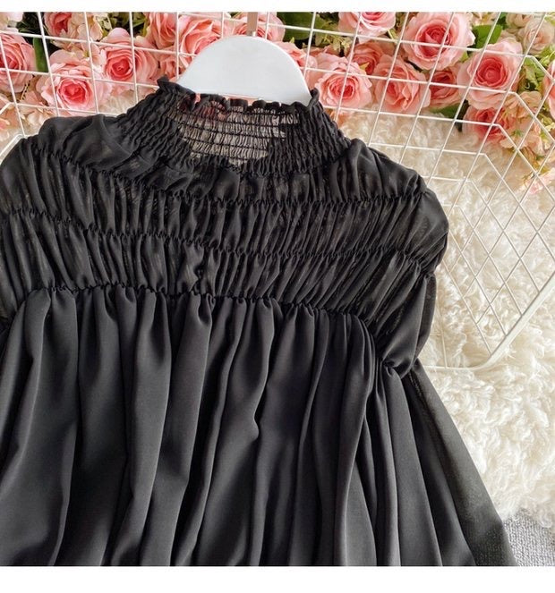 Bishop sleeve ruched neck tie waist top