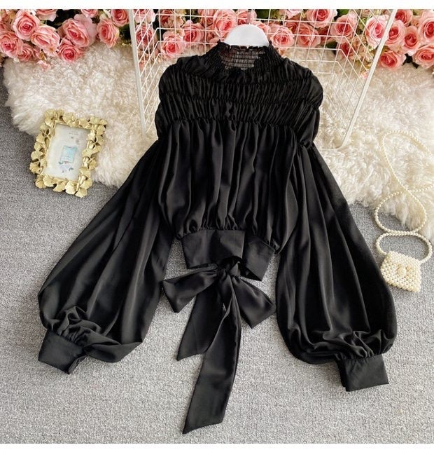Bishop sleeve ruched neck tie waist top