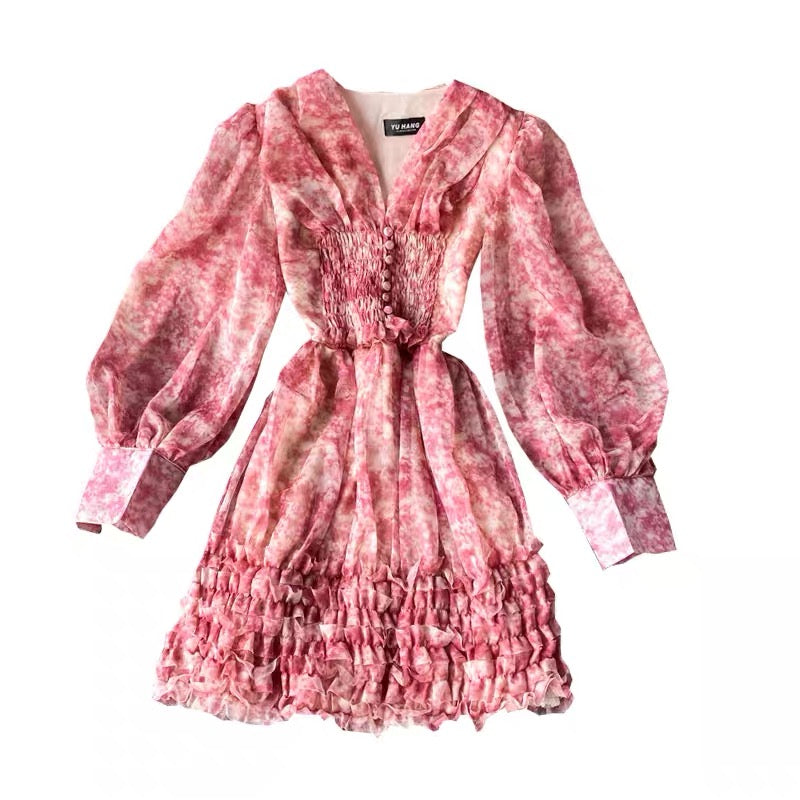 Bishop sleeve V neck ruffle floral dress