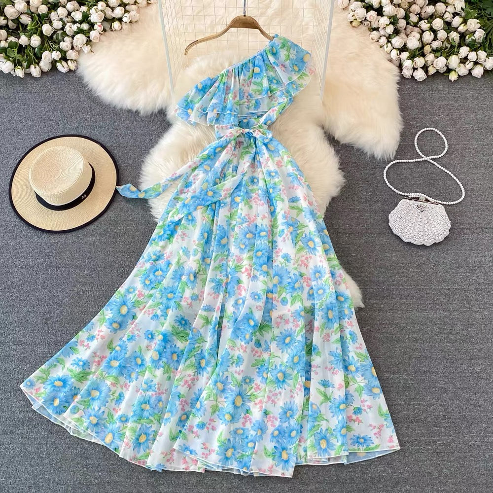 One shoulder ruffle floral maxi dress