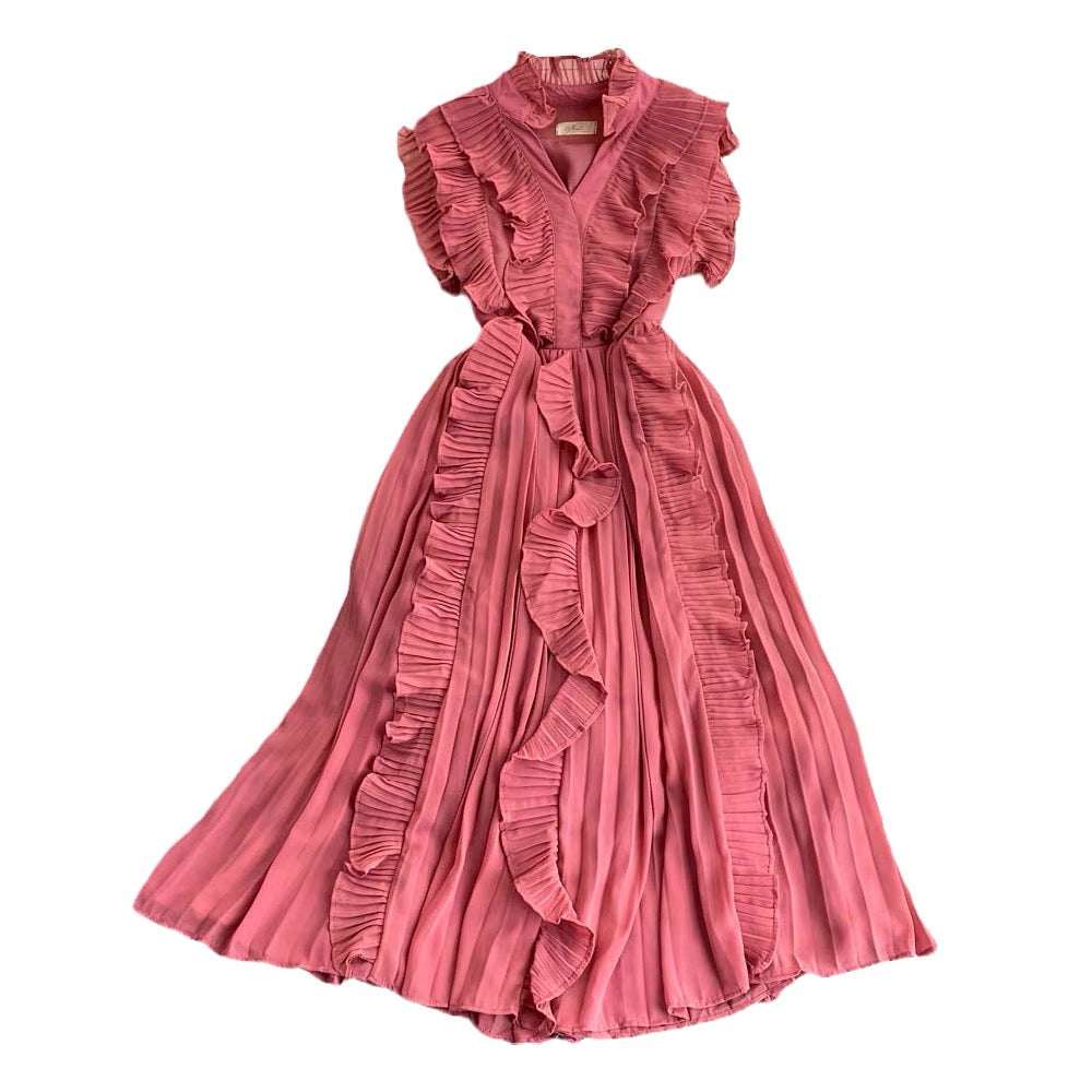 Pleated ruffle midi chiffon dress