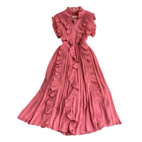 Pleated ruffle midi chiffon dress