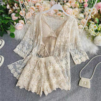 3 pieces embroidery lace tussle top beach set