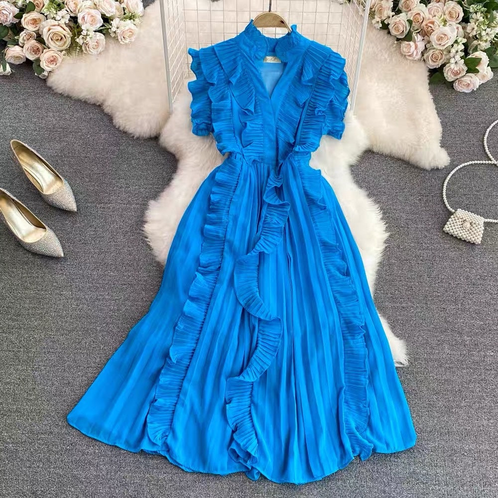 Pleated ruffle midi chiffon dress