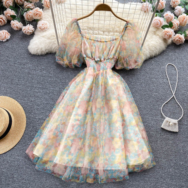 Floral watercolour on mesh lace puff dress
