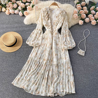 Balloon sleeve ruffle V neck pleated dress