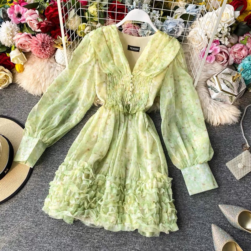 Bishop sleeve V neck ruffle floral dress