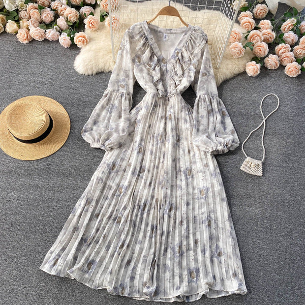 Balloon sleeve ruffle V neck pleated dress