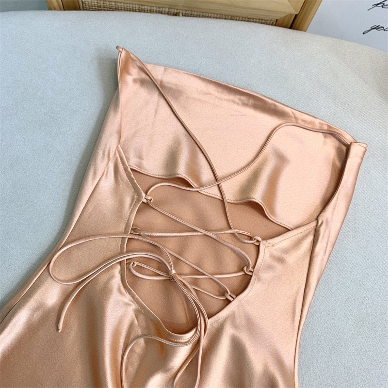 Plunging criss cross back slip dress
