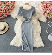 Short sleeve square neck knit slit dress