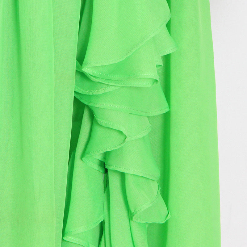 Side ruffle lace up back green maxi dress