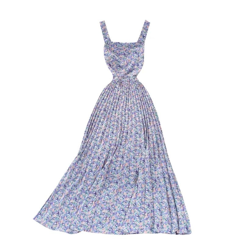 Sleeveless square neck pleated maxi dress