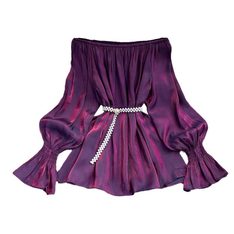 Off shoulder poet sleeve blouse with belt