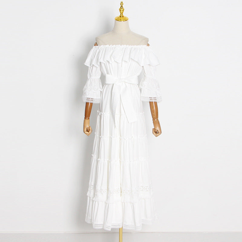 Flappy off shoulder embellished lace solid white maxi dress