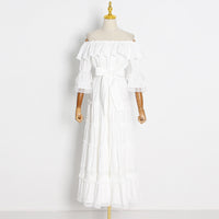 Flappy off shoulder embellished lace solid white maxi dress