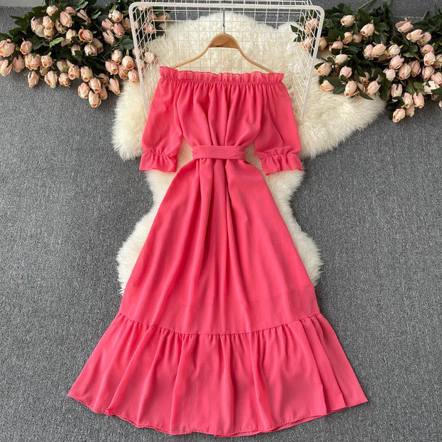 Flowy off shoulder belted maxi dress
