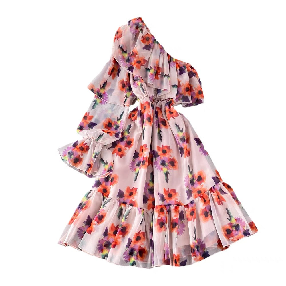 Poet sleeve one shoulder ruffle dress