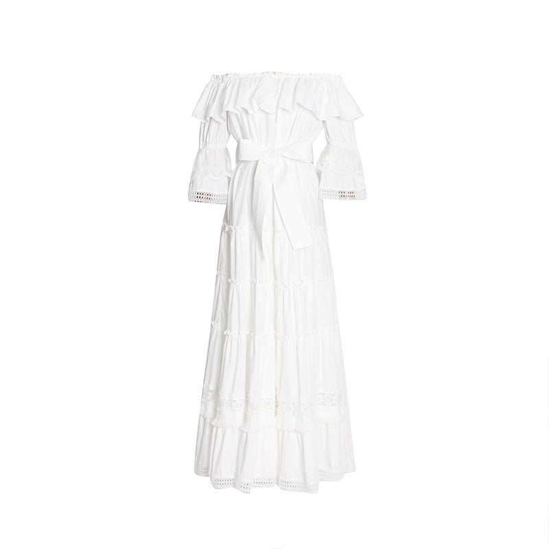 Flappy off shoulder embellished lace solid white maxi dress
