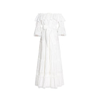 Flappy off shoulder embellished lace solid white maxi dress