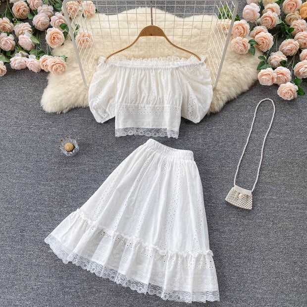 Off shoulder crop top and A line skirt set