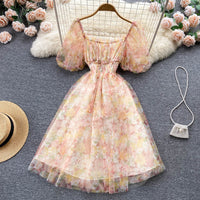 Floral watercolour on mesh lace puff dress