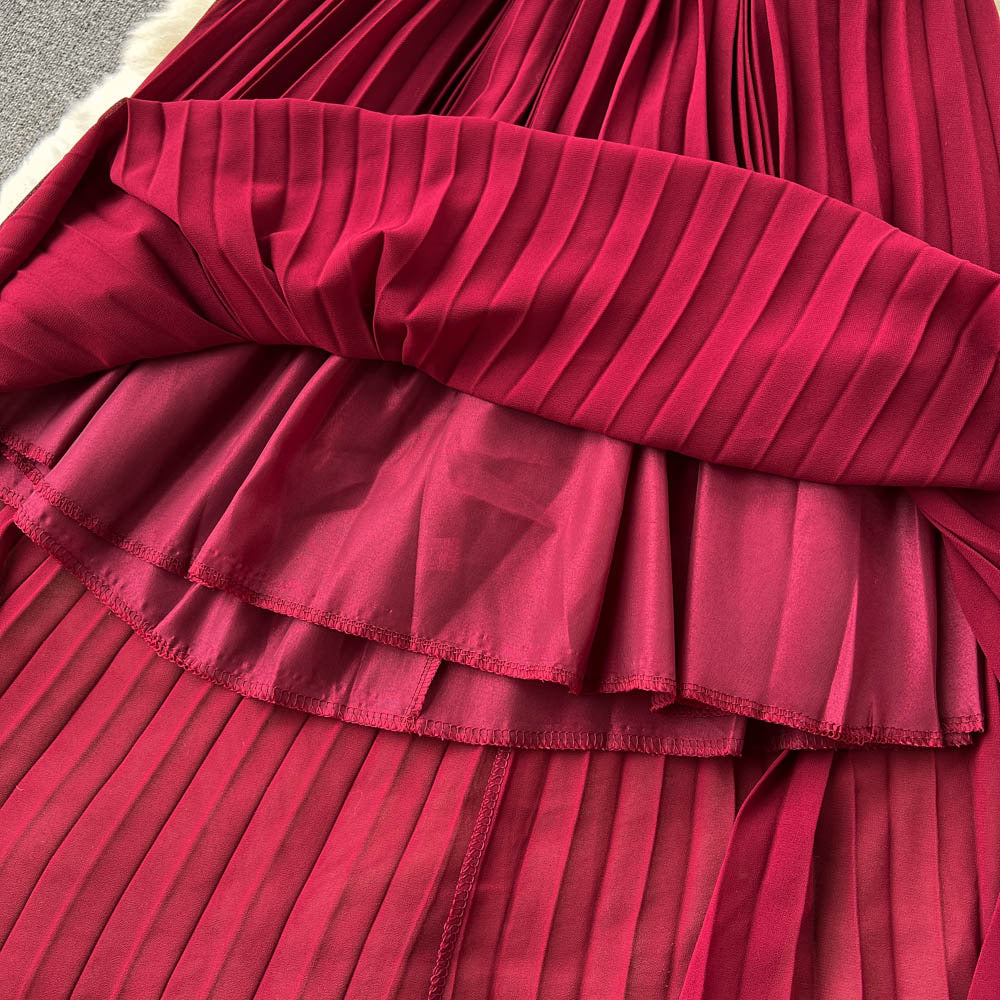 Belted round neck pleated midi dress