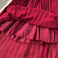 Belted round neck pleated midi dress