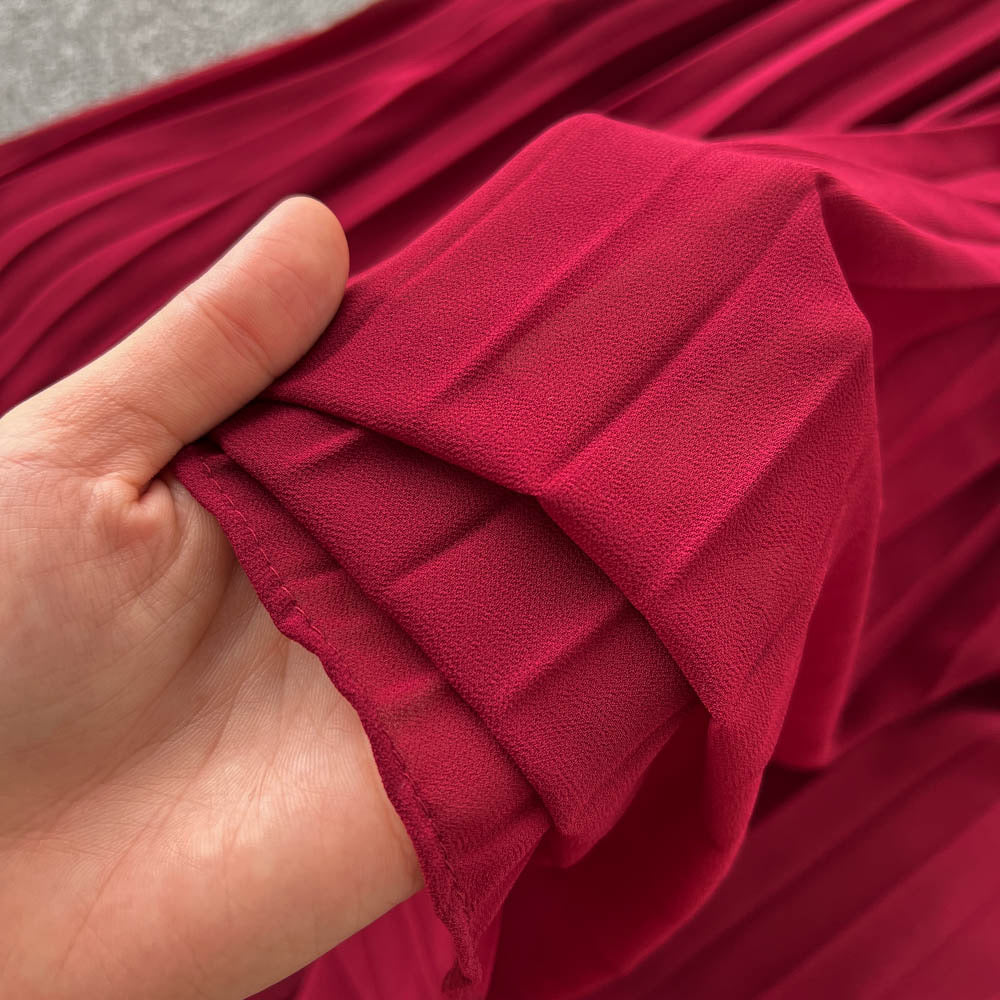 Belted round neck pleated midi dress