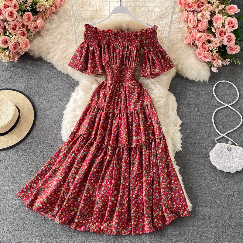 Mini floral Flounce sleeve off shoulder tiered midi dress