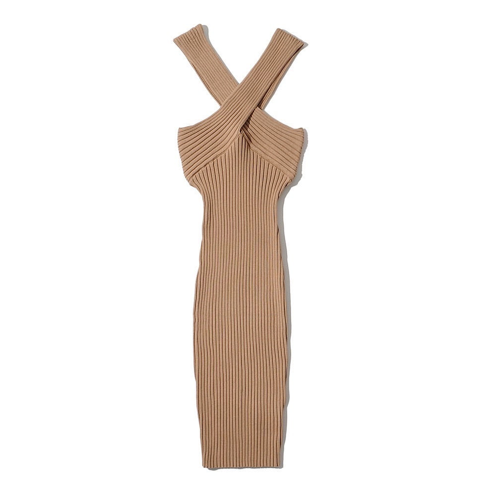 Halted cross midi knit dress