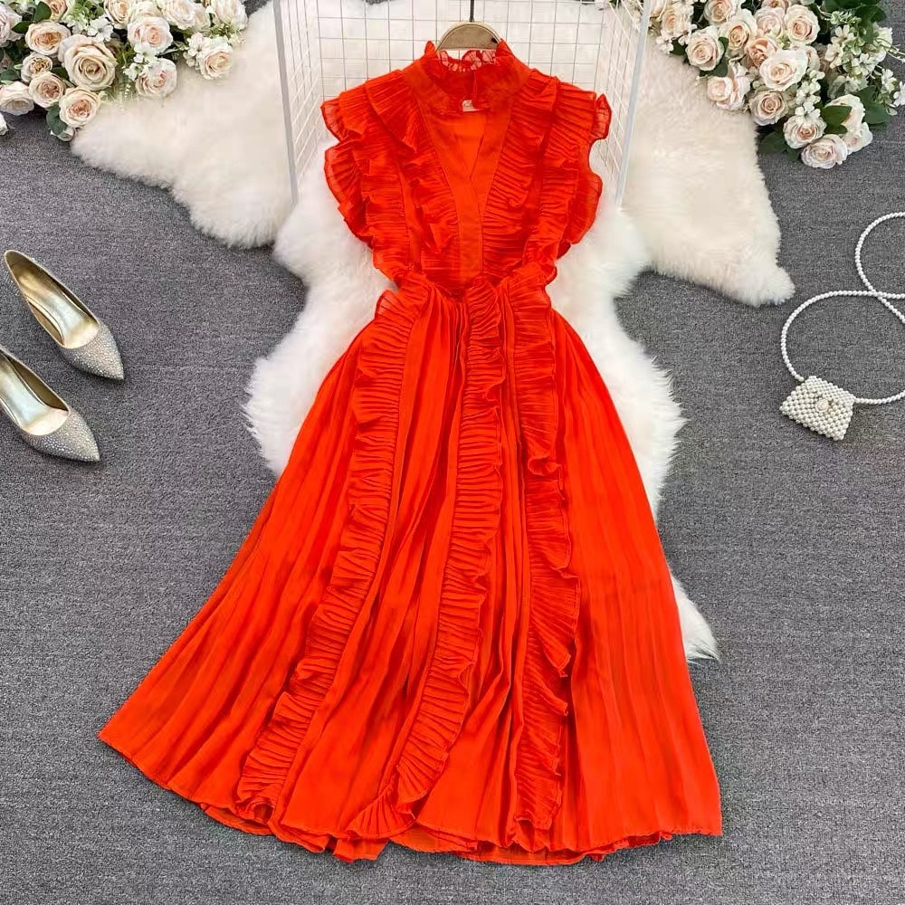 Pleated ruffle midi chiffon dress