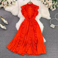 Pleated ruffle midi chiffon dress