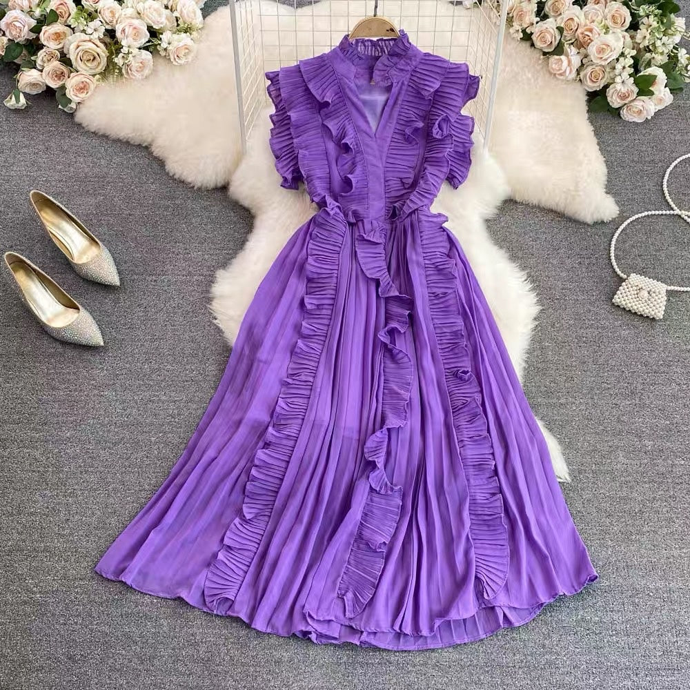 Pleated ruffle midi chiffon dress