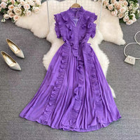 Pleated ruffle midi chiffon dress