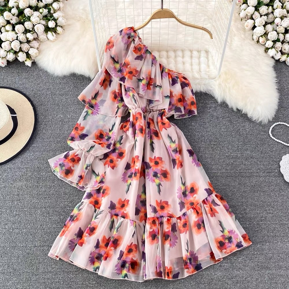 Poet sleeve one shoulder ruffle dress