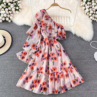 Poet sleeve one shoulder ruffle dress