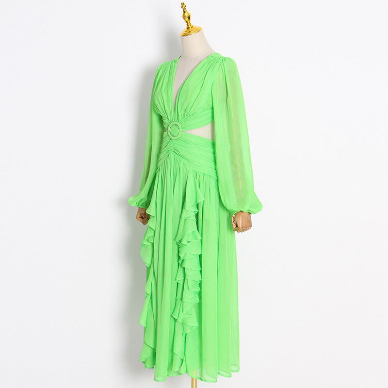 Side ruffle lace up back green maxi dress