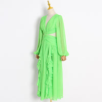 Side ruffle lace up back green maxi dress