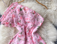 One shoulder asymmetrical side split pink floral maxi dress