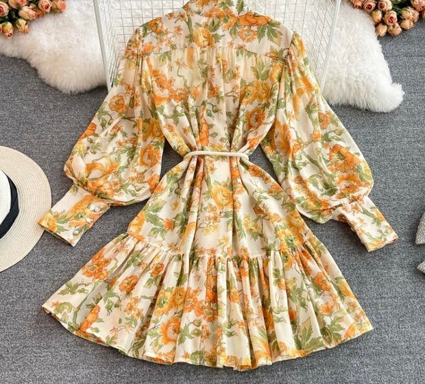 Cuff sleeve floral drop waist dress