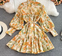 Cuff sleeve floral drop waist dress