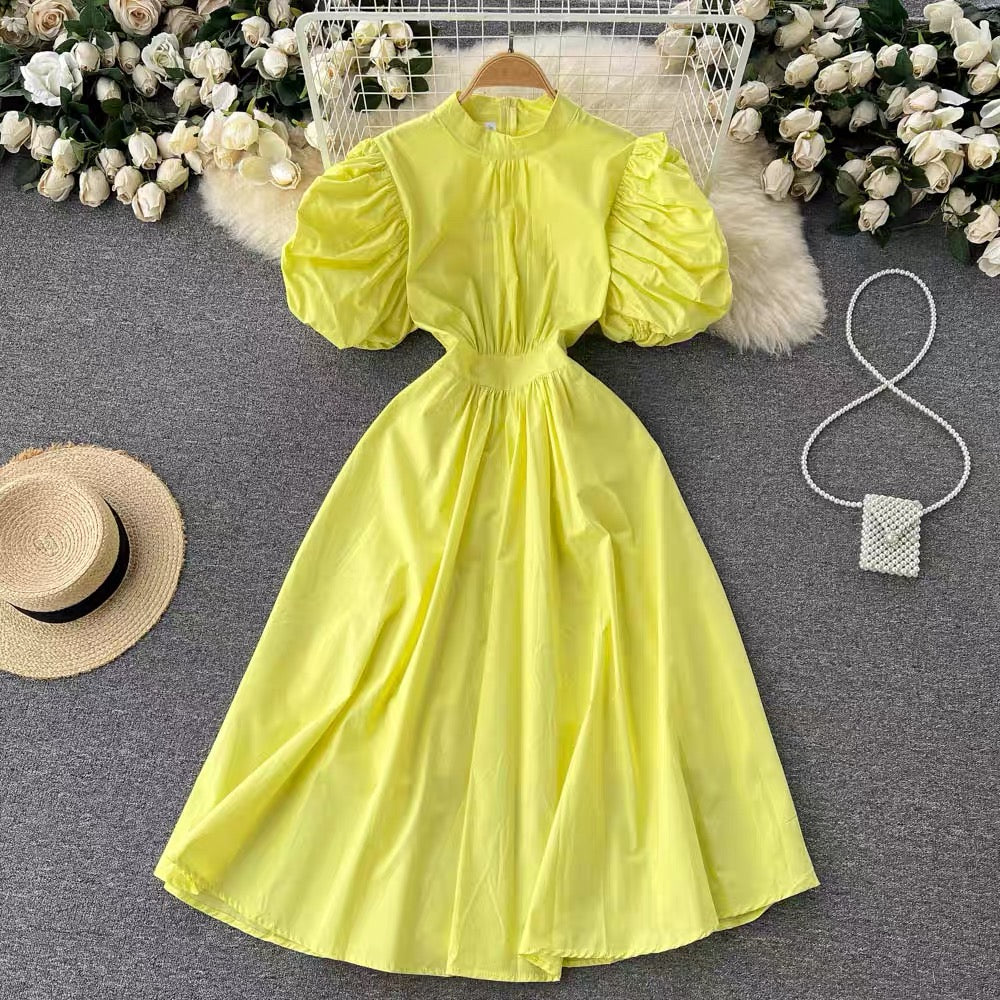 Puff sleeve mock neck solid colour midi dress