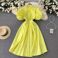 Puff sleeve mock neck solid colour midi dress
