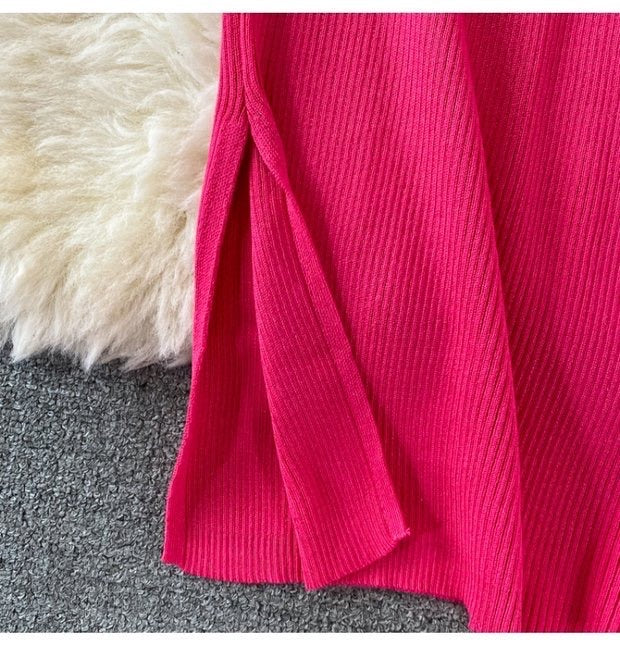 Short sleeve square neck knit slit dress
