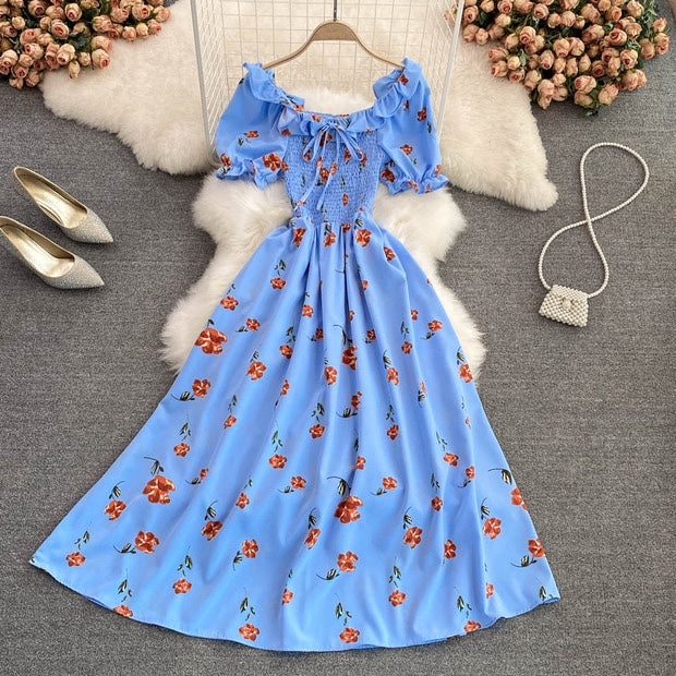 Off shoulder shirred bodice floral maxi dress