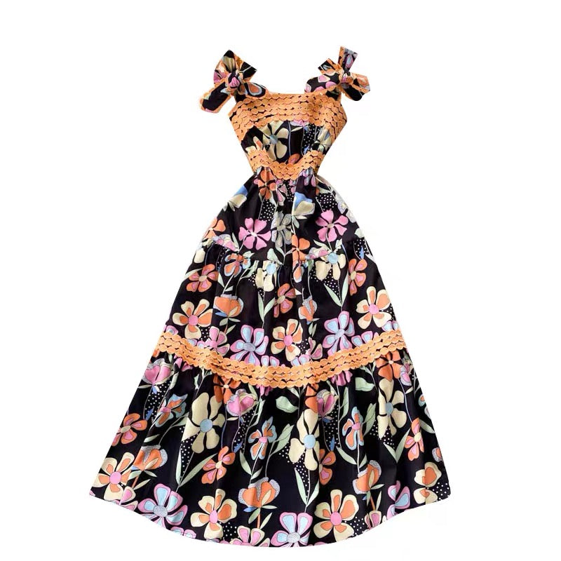Bowknot strappy embellished lace Adrianna floral dress